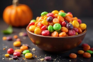 A colorful assortment of Halloween candies in a bowl, ready for trick-or-treating , bats, taffy, treats