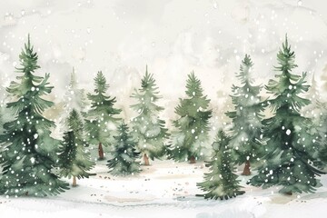 Obraz premium Serene watercolor painting of a snowy forest with pine trees covered in snow, creating a peaceful winter wonderland scene