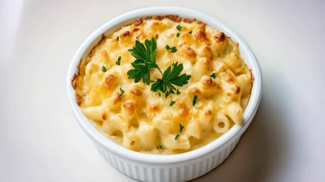 Overhead studio shot of macaroni and cheese with fresh parsley garnish in white ceramic dish on neutral background.
