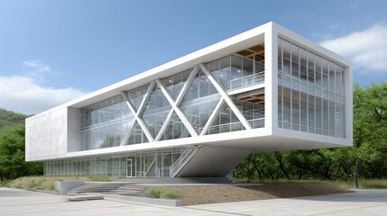 Obraz premium Fantasy-inspired conference center with twisting concrete fins and integrated steel spine, showcasing external brace frames and glass floor plates illustrating structural load transfer