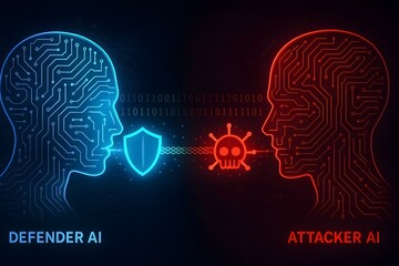 Obraz premium Artificial intelligence cyber defense against a digital attack depicting defender and attacker ai with shield and malware symbol