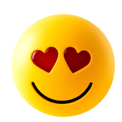 A vibrant yellow emoji with heart-shaped eyes conveys love and joy on transparent background.