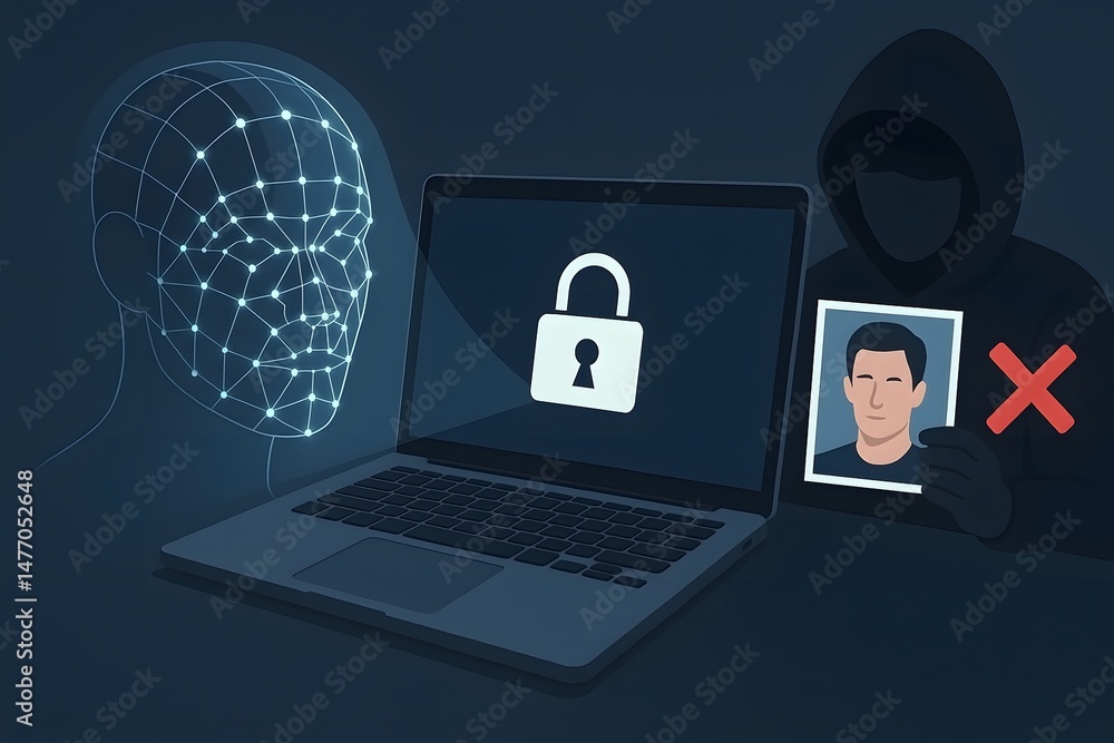 Aufkleber conceptual illustration of a cybersecurity breach depicting facial recognition failure with a laptop