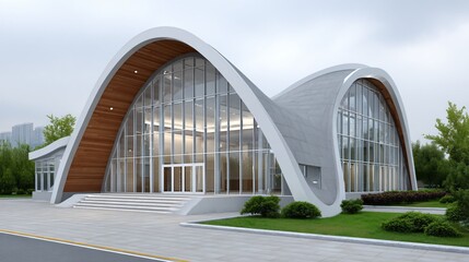 Futuristic exhibition hall with long-span cable net roof system and transparent fa&Atilde;&sect;ade, highlighting tension saddle connections and reinforced anchor plates set in concrete piers