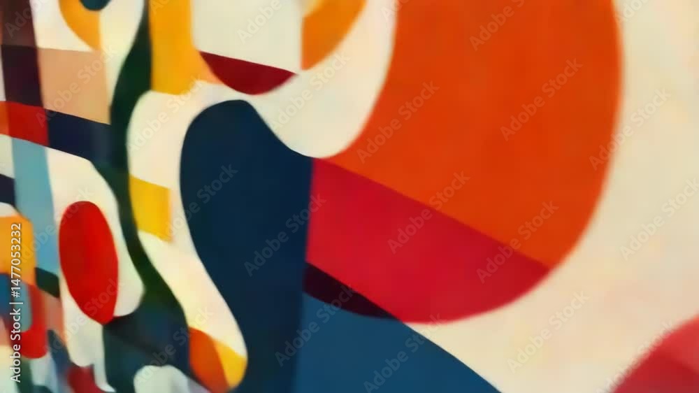 Poster abstract geometric pattern with circles, semi-circles, and squares in retro colors, creating a bold 
