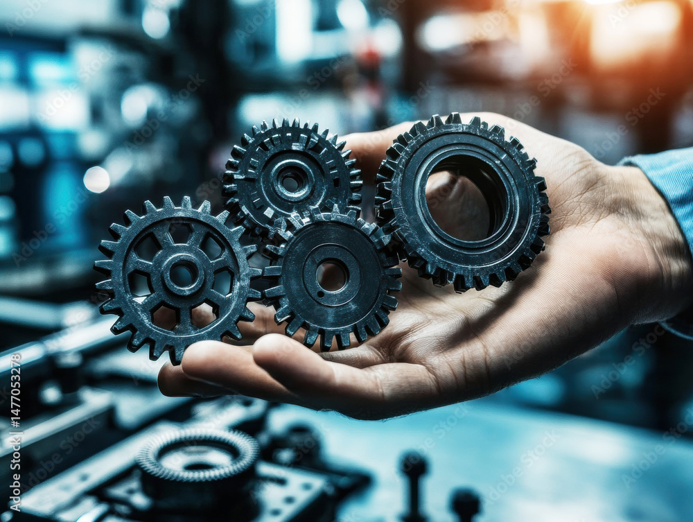 Poster industrial worker demonstrates precision with gears in workshop setting