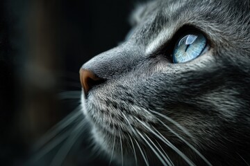 Close-Up of a Gray Cat Gazing Out of a Window with Bright Eyes