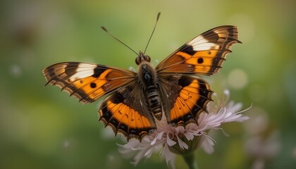 Close up of a painted lady butterfly perched on a flower with a blurred green background in soft light