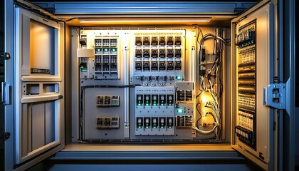 An open electrical control cabinet with components and wiring inside, lit from within.