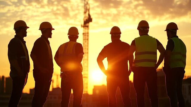 A group of skilled construction workers, wearing hard hats and high-visibility vests, standing in a semi-circle on a construction site at sunset, with the skeletal structure of a b