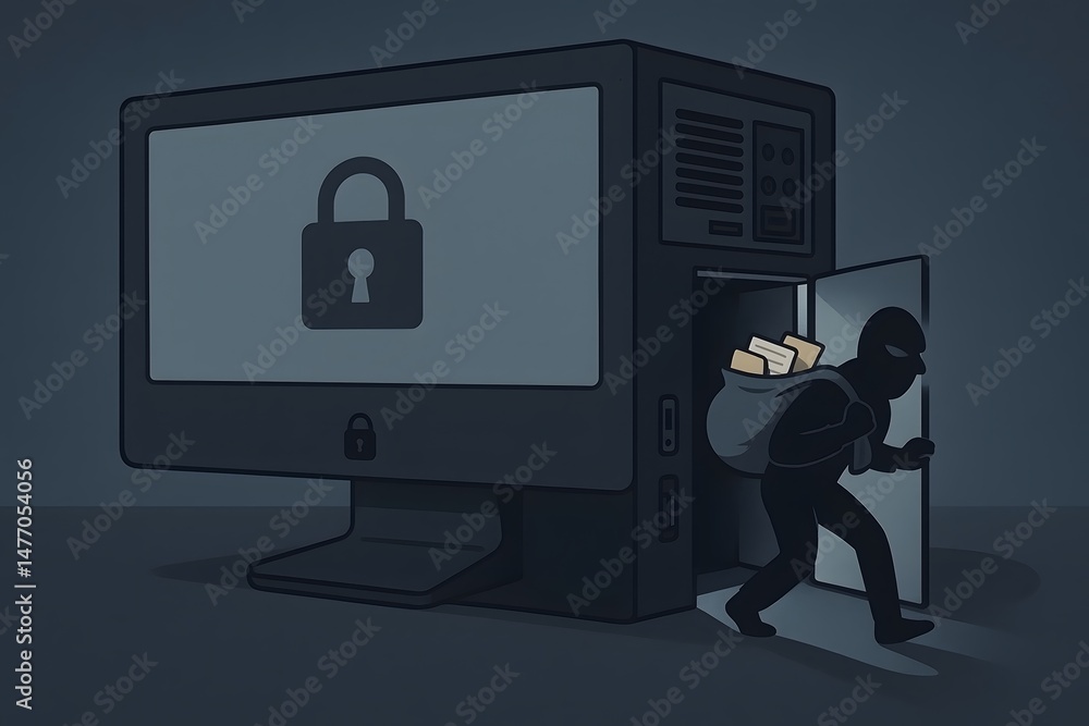 Poster cybersecurity threat illustration depicting data theft from a secured computer system with a lock sy
