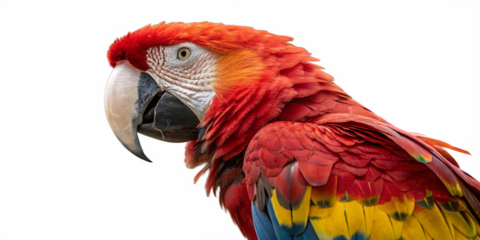 A stunning close-up of a Scarlet Macaw (Ara macao), a large and vibrantly colored parrot native to the lush tropical rainforests of Central and South America.