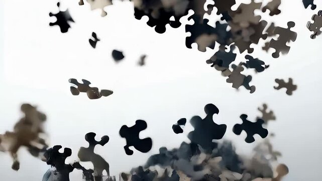 Complex human figure composed of puzzle pieces representing identity and fragmentation in a surreal setting
