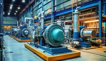 Fototapeta premium A large-scale industrial machine in an industrial workshop with mechanical parts and pipelines.