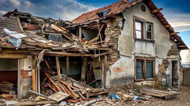 Abandoned dilapidated house with collapsed roof and debris scattered around