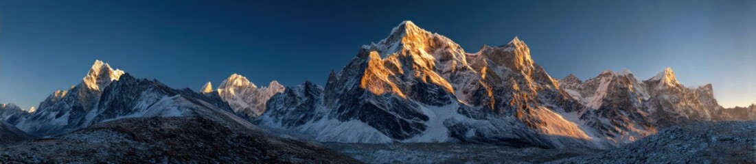 Majestic Sunrise Over Snow-Capped Mountain Peaks in Mountain Range