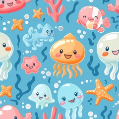 seamless pattern of cartoon clownfish, jellyfish, starfish, and corals, pastel color palette, kawaii style
