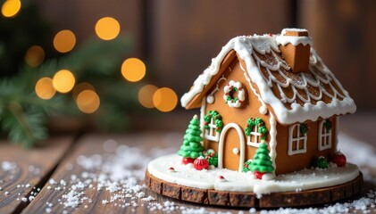 Charming gingerbread house Christmas decoration on rustic wooden background Festive, sweet, holiday, winter , holiday, star, festive