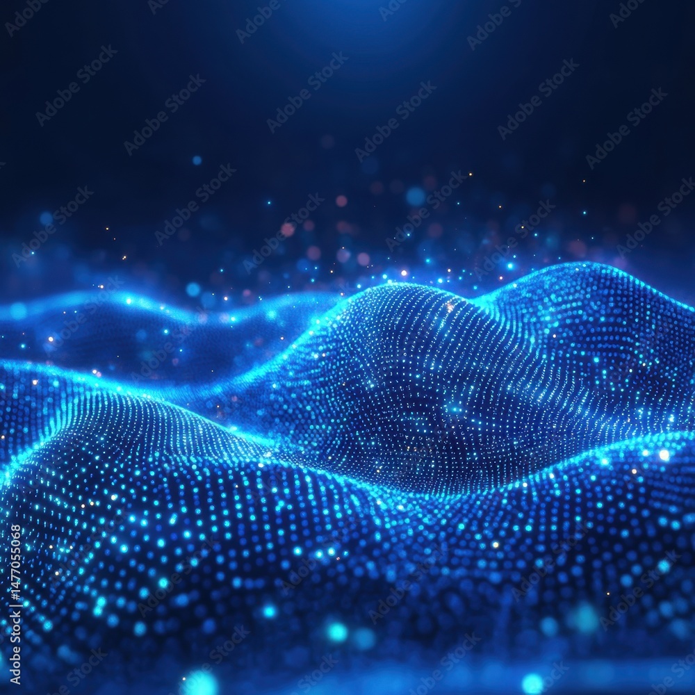 Aufkleber abstract blue digital landscape with glowing particles and bokeh effect undulating in a futuristic s