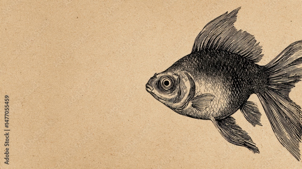 Poster black and white fish drawing on textured beige background showcasing intricate details and empty spa