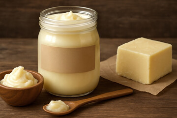 Rendered beef tallow sits in a glass jar with a blank label, a wooden bowl, and a wooden spoon on a rustic wooden table, promoting healthy fats and traditional cooking