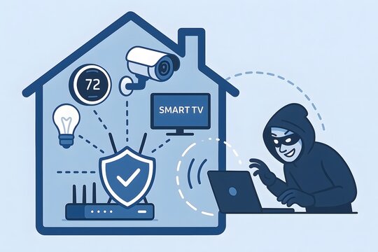 Home security risks and internet of things cyber attack depicted with hacker accessing smart home network