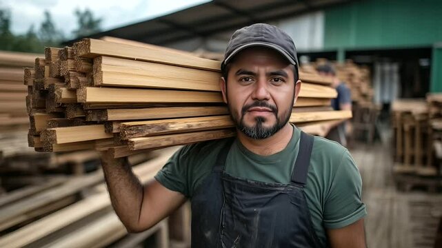 A proud carpenter, wearing durable work clothes, carries heavy wooden bars on his shoulder at a wood processing factory, with rows of saws and carpentry equipment in the background