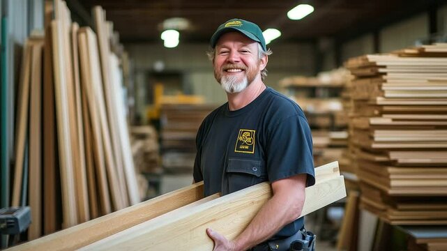 A smiling woodworker in his work gear carries wooden planks through a well-lit woodworking shop, passing by rows of stacked materials and workstations, showcasing the collaborative