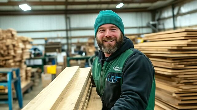 A smiling woodworker in his work gear carries wooden planks through a well-lit woodworking shop, passing by rows of stacked materials and workstations, showcasing the collaborative