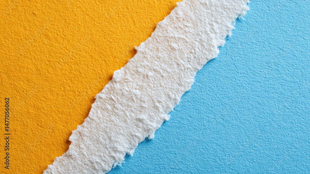 Poster tear line creates contrast between vibrant orange and clean blue zones in a minimalist design settin