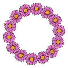 Spring flower circular doodle frame. Hand drawn botanical isolated vector illustration.