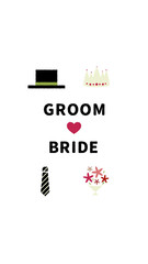 結婚式で使えるクレヨンで書いたような可愛らしい質感のイラストとテキスト（ GROOM ＆ BRIDE )　白背景