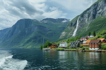 Houses of undredal village reflecting in the aurlandsfjord with a waterfall cascading down the mountainside