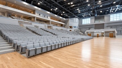 Naklejka premium Ultra-modern sports arena with retractable seating trusses and post-tensioned roof beams, emphasizing visible hydraulic actuators and steel bracing to manage massive dynamic loads