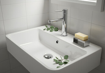 Modern white bathroom sink with chrome faucet and minimalist design