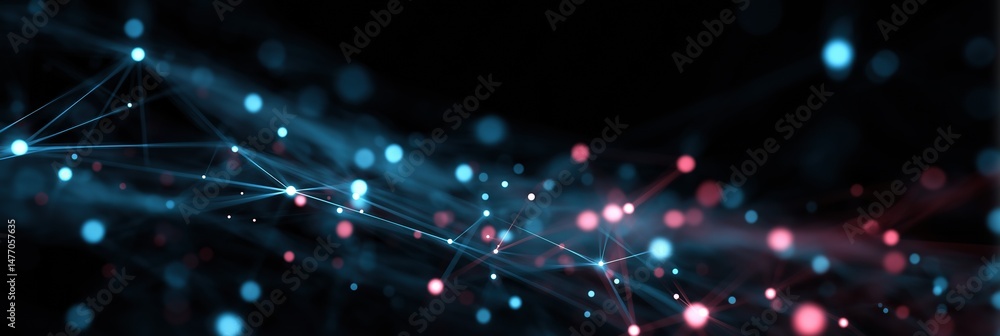 Poster abstract neural network visualization with dynamic blue and pink nodes