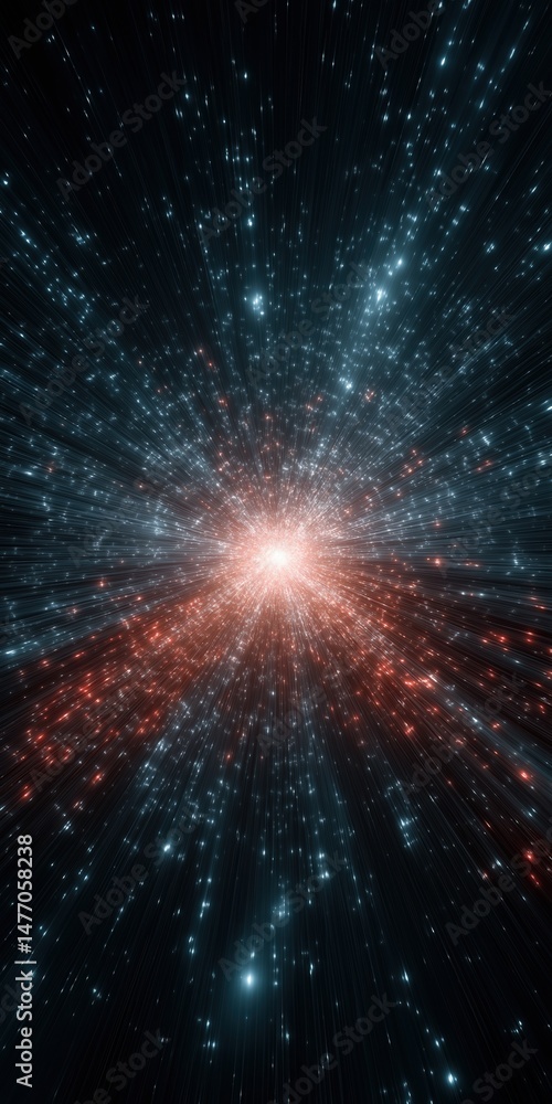 Poster exploding starburst in deep space with vibrant red and blue light trails