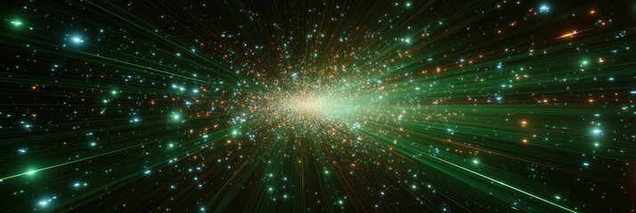 Naklejka premium Abstract cosmic explosion with radiating green and blue lights