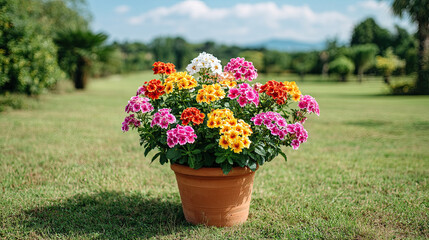 Obraz premium Colorful blooming flowers in terracotta pot placed on green lawn with trees and mountains in background