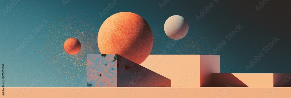 Aufkleber abstract geometric composition with floating spheres and blocks in a surreal landscape