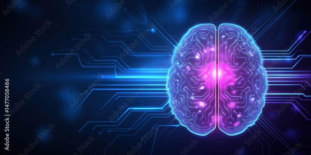 Poster futuristic digital brain with neural circuitry and glowing neural networks