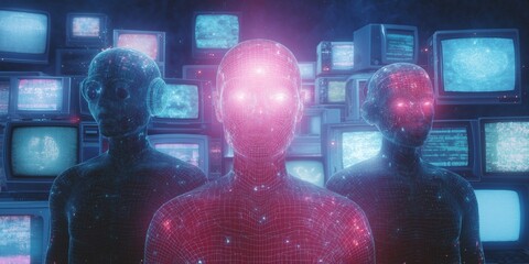 Futuristic cybernetic figures in neon glow with retro screens background