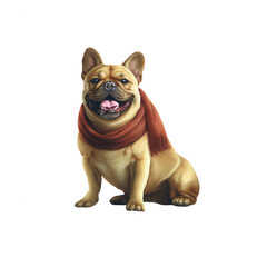 Obraz premium Charming French Bulldog wearing a cozy scarf, showcasing a friendly expression and playful demeanor, sitting on a white isolated background, perfect for pet-themed projects.