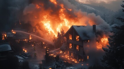 A dramatic shot of a house fire with thick smoke and orange flames coming from the roof, with firefighters working to control the blaze