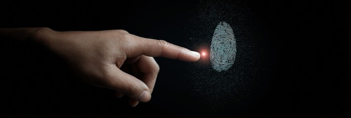 Human finger touching digital fingerprint sensor in dark background