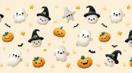 Cute seamless Halloween pattern with smiling ghosts, pumpkins, bats, and stars on beige background design
