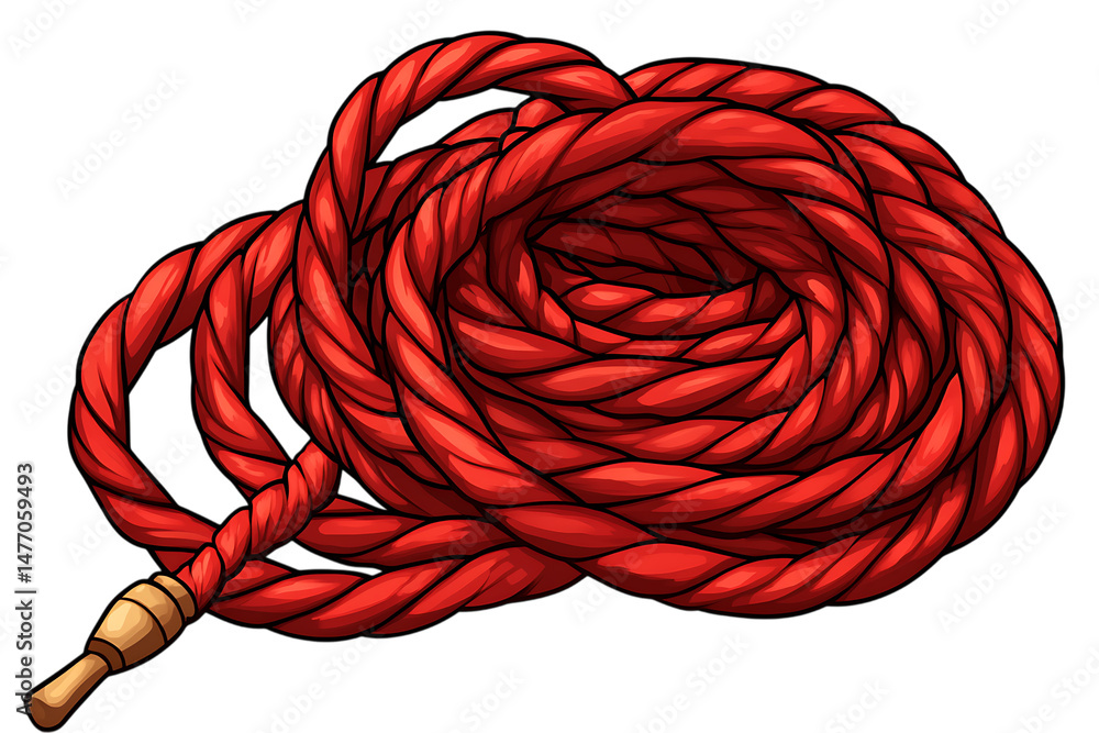 Poster coiled red rope with wooden end on trasparent background