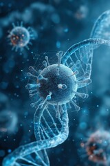 Obraz premium Microscopic view of virus and dna strand in blue molecular background