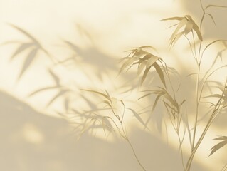 Obraz premium Bamboo stalks casting shadows on a wall in warm light close up shot minimalist aesthetic neutral color palette