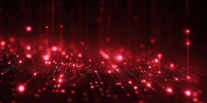Futuristic red digital circuit board with glowing lights and binary code